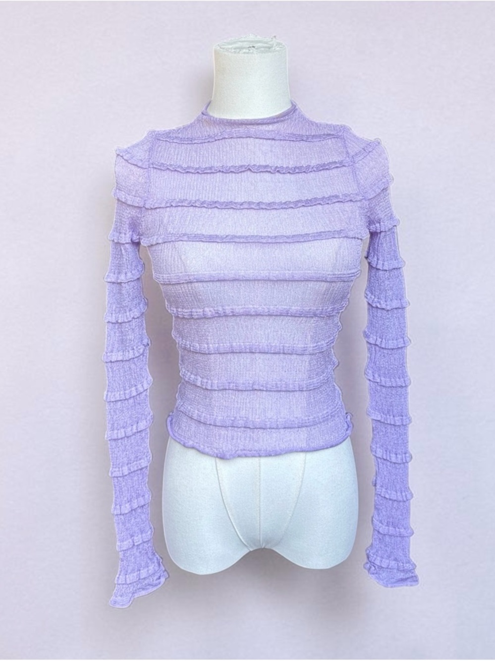 Sheer Ruffle-Trim Long Sleeve Top - Lavender